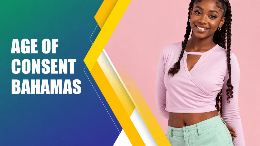 Young Black woman beside bold “Age of Consent Bahamas” text on a colorful modern background graphic.