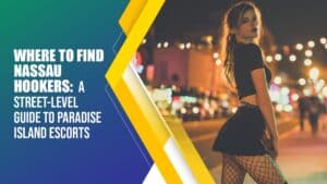 Woman standing on a Nassau street at night, representing a travel guide about where people research escorts and nightlife on Paradise Island, Bahamas.