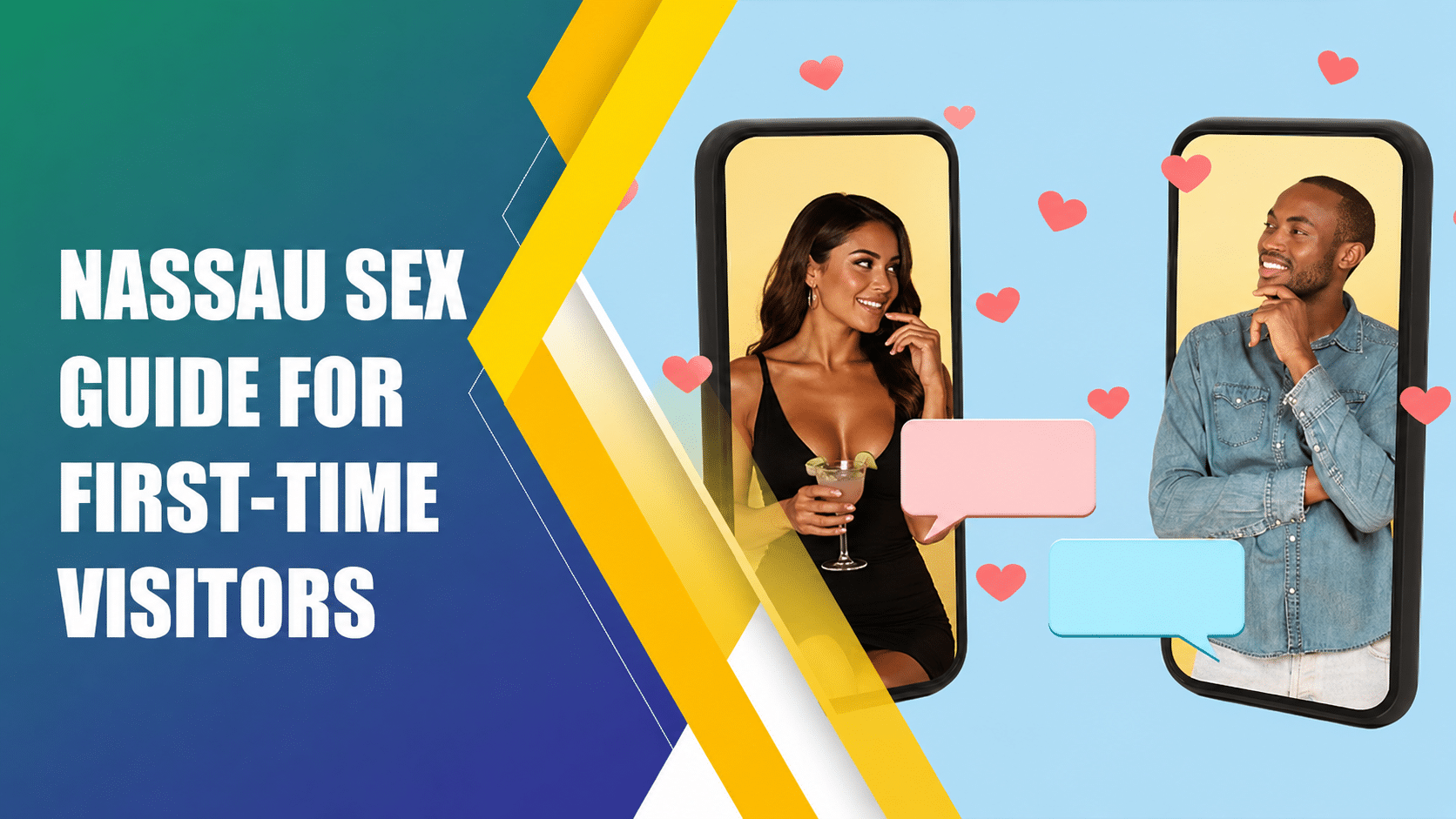 Nassau Sex Guide for First-Time Visitors featuring a dating-themed illustration with a man and woman shown on smartphone screens.